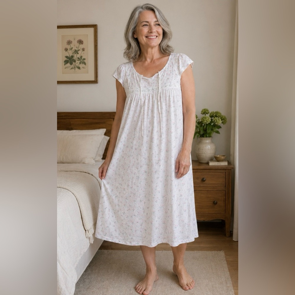 Eileen West White Floral Cotton Nightgown